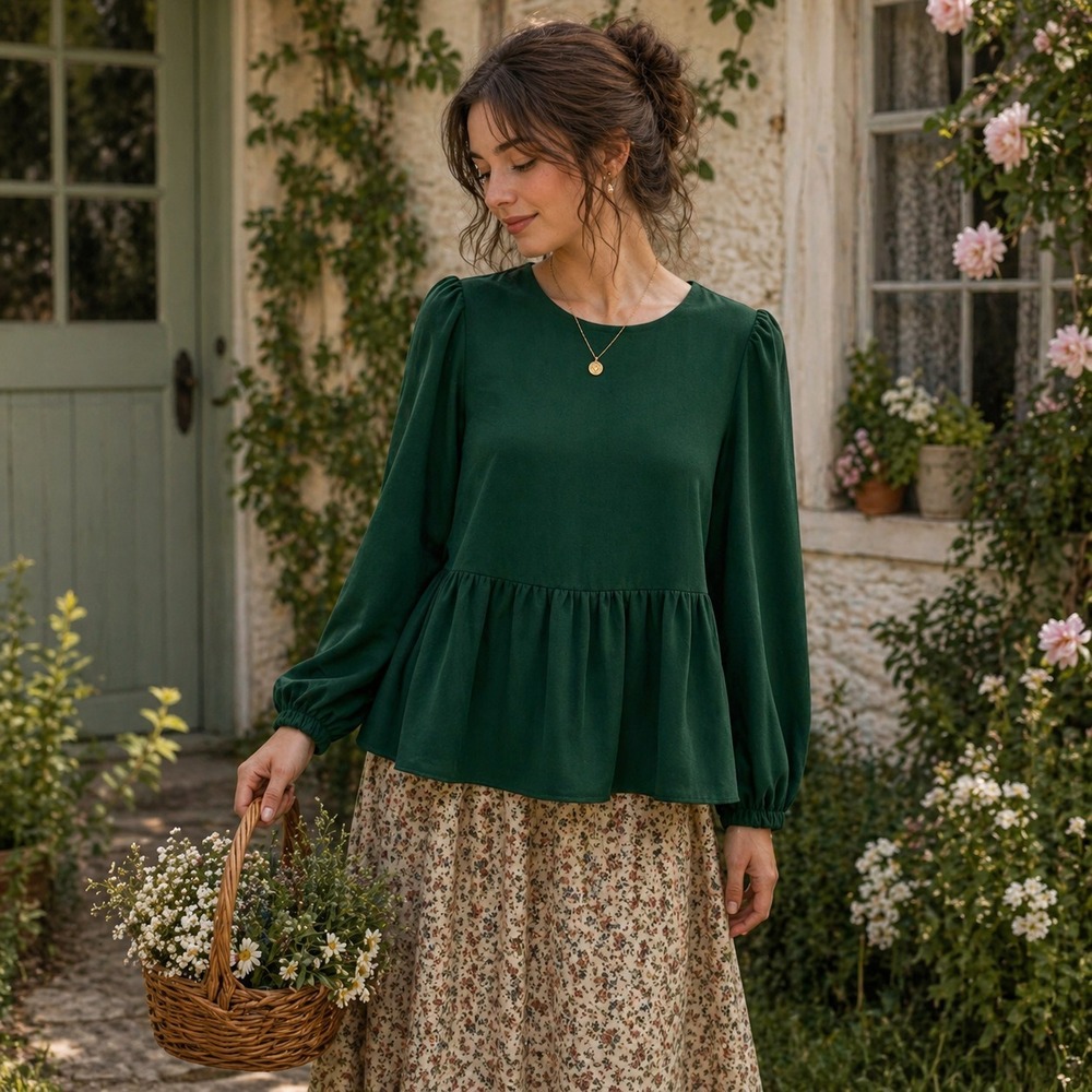 Pomander Place Peplum Top Sz M Hunter Green Cottage‎ Dark Academia Romantic